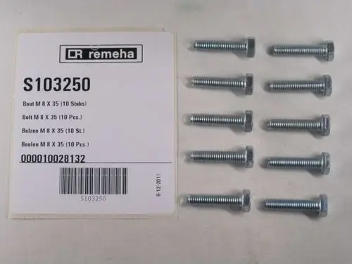 Zehn Schrauben, montiert in zwei Reihen, neben einem Etikett von Remeha mit Produktinformationen und Barcode.